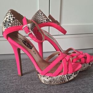 Forever 21 Neon Pink Strappy Snake-Print Platform Heels